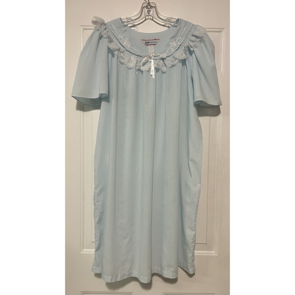 Vintage Lady Manhattan Blue Lace Collar Nightgown Short Sleeve Grannycore Large